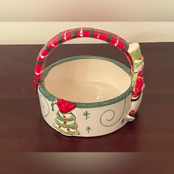 BNIB Fitz and Floyd Holly Hat Snowman Ceramic Basket 2013 Christmas Candy Dish - Picture 5 of 10